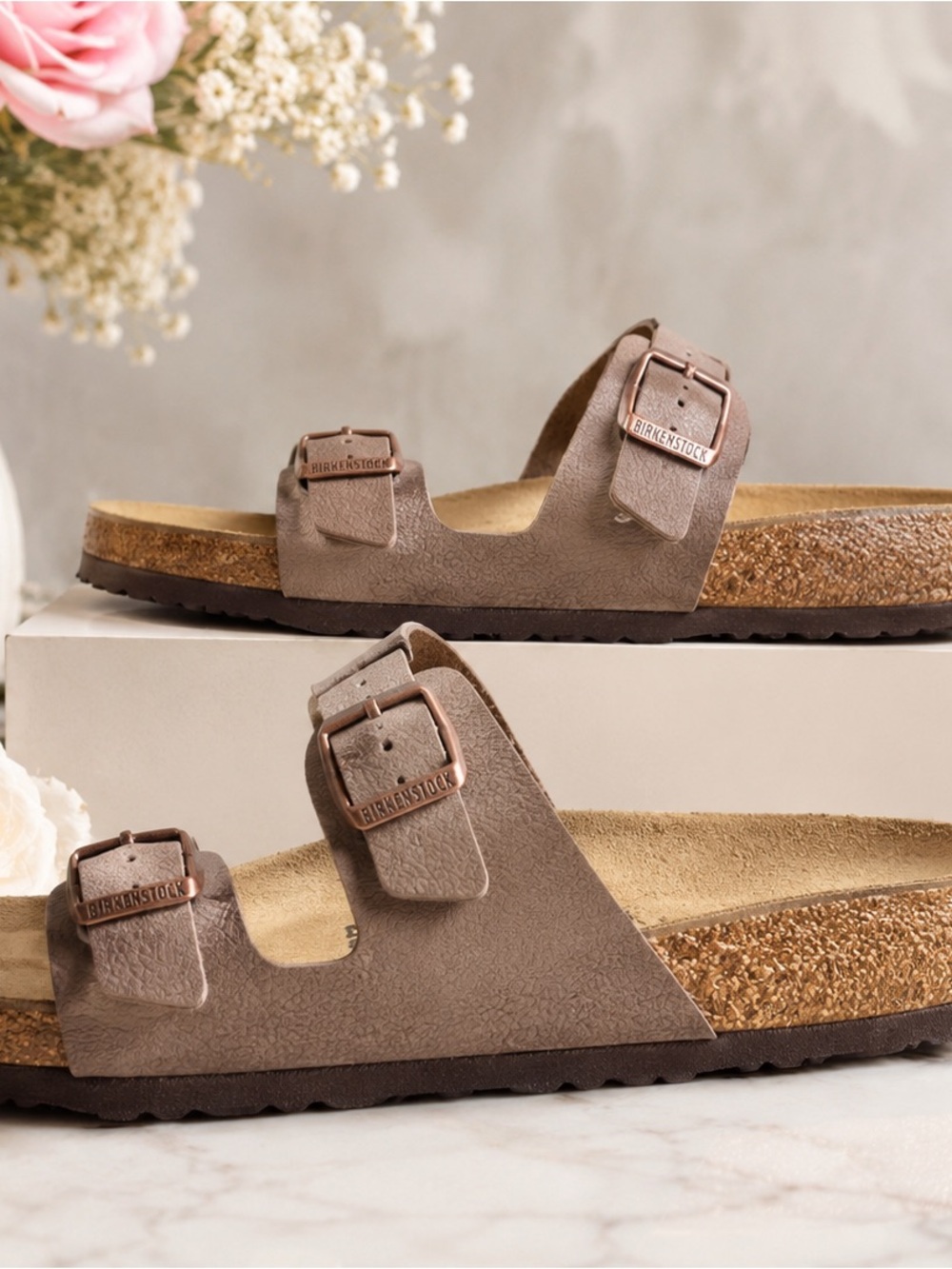 Birkenstock Brown Taupe Cross-Strap Sandals with Rose Gold Buckles - Picture 2 of 3